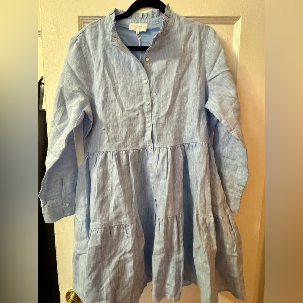 Alice Walk Linen Tiered Dress Ruffle Collar Long Sleeve Blue Size XL